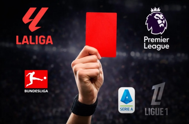 西甲本赛季已产生65张红牌领先五大联赛，英超仅27张红牌最少